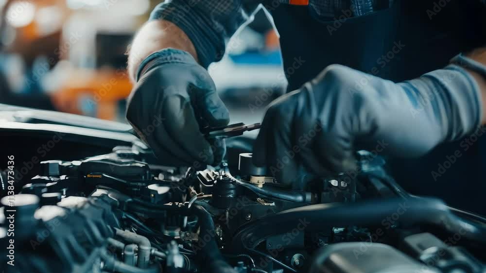 Auto mechanic working diligently in a busy repair shop during daylight hours, Closeup shot of auto mechanic in auto repair shop checking engine in garage Auto mechanic working diligently in a busy repair shop during daylight hours, Closeup shot of auto mechanic in auto repair shop checking engine in garage