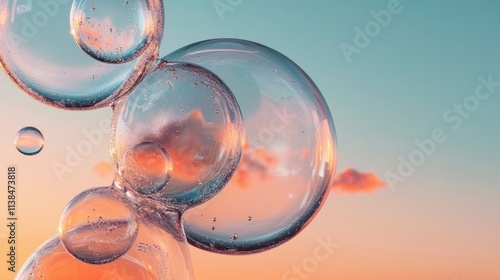 Wallpaper Mural A close-up of translucent soap bubbles against a soft, colorful sky during sunset, capturing a serene and dreamy atmosphere. Torontodigital.ca