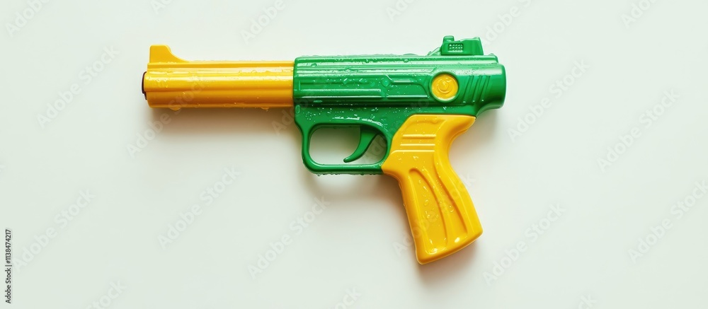 Colorful green and yellow plastic water gun on white background perfect for summer water play and festival fun ideas Colorful green and yellow plastic water gun on white background perfect for summer water play and festival fun ideas