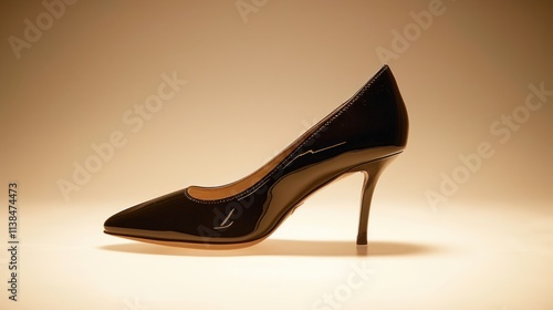 Elegant black patent leather high heel pump.