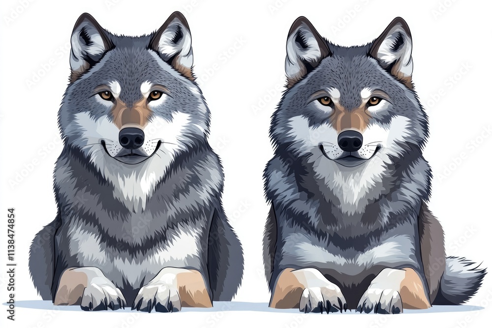 Two wolves sit side by side, a gray and white pair Two wolves sit side by side, a gray and white pair