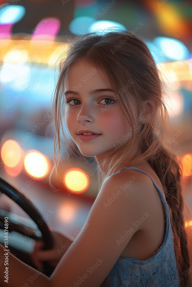 Young girl driving her car at night with the headlights shining bright Young girl driving her car at night with the headlights shining bright