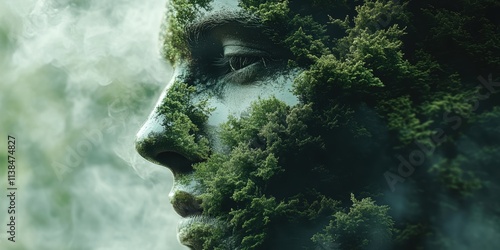 A mesmerizing blend of nature and human form portrayed through a surreal art piece, where lush green foliage intricately forms the visage of a serene face enveloped in misty ambiance