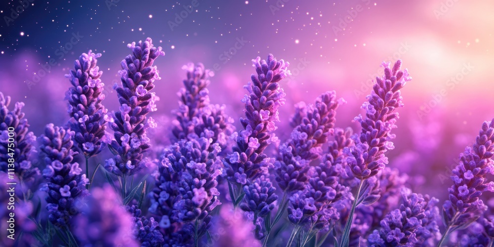 A serene field of vibrant lavender flowers basking in the warm glow of a tranquil sunset with a backdrop of gentle sparkling twilight sky A serene field of vibrant lavender flowers basking in the warm glow of a tranquil sunset with a backdrop of gentle sparkling twilight sky