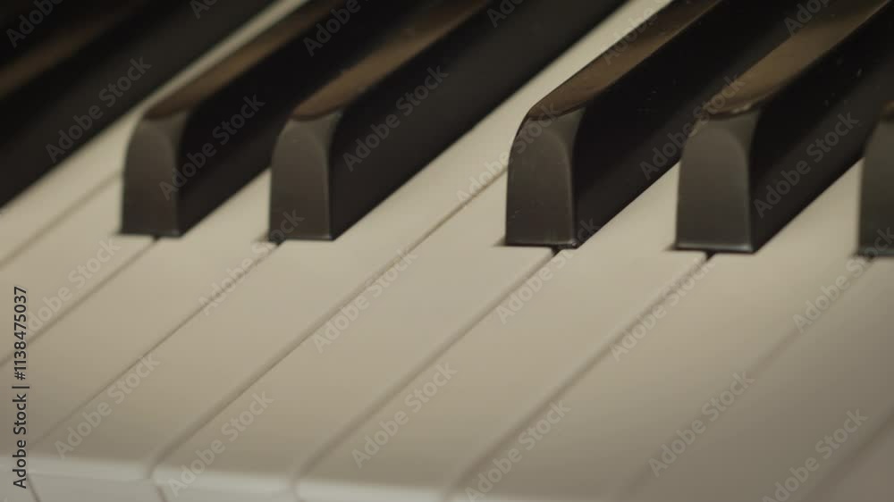 Close-up tracking shot of piano keys showing contrast and texture. Polished ebony and ivory piano clavier create a mesmerizing pattern of light and shadow, inviting a touch to create music