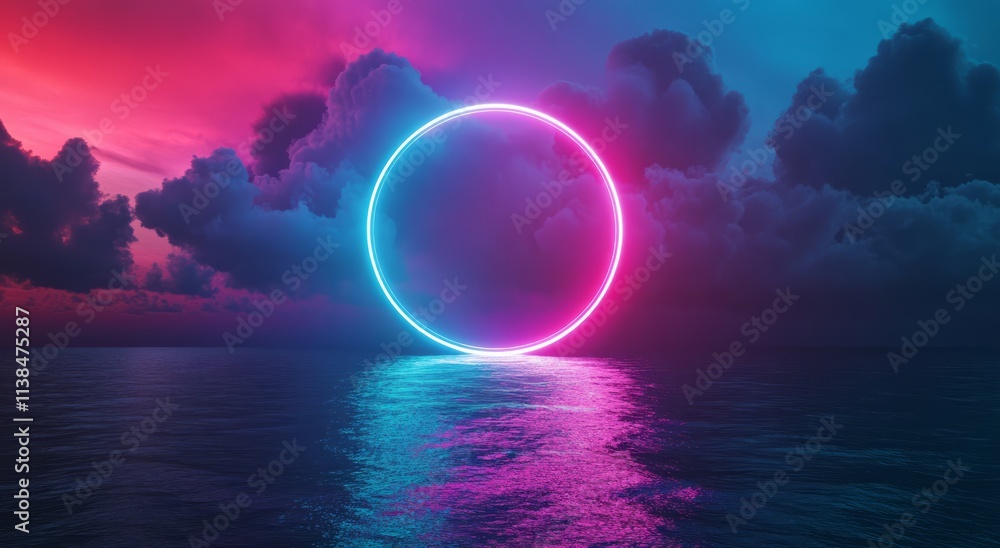 Neon Circle Above Ocean Cloudscape at Sunset Neon Circle Above Ocean Cloudscape at Sunset