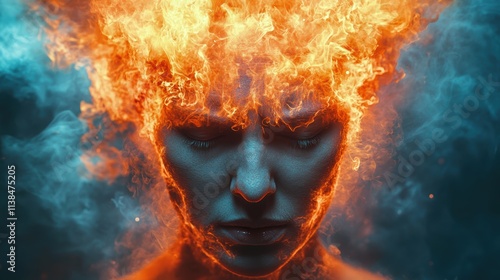 A mesmerizing digital artwork depicting a human face partially engulfed in vibrant flames, seemingly merging emotions with elemental energies