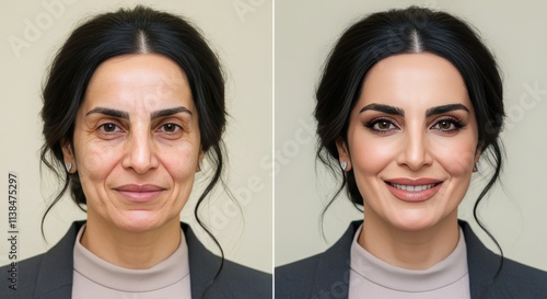 Transformation of mature middle eastern woman before and after makeup application