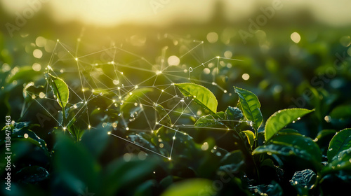 Organic Tea Field with Dewdrops and Digital Connections Symbolizing AI in Agriculture photo