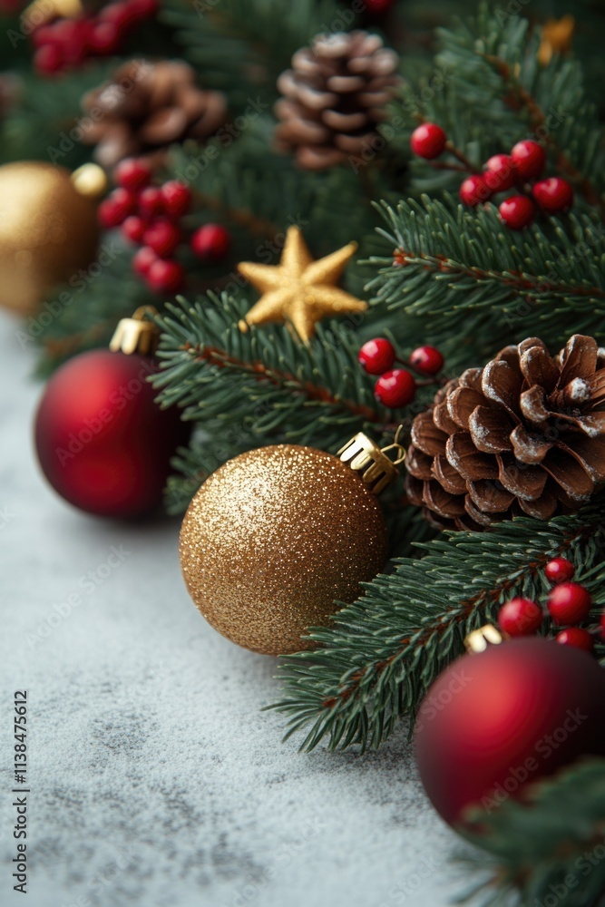 Close-up of festive Christmas decorations on a table Close-up of festive Christmas decorations on a table