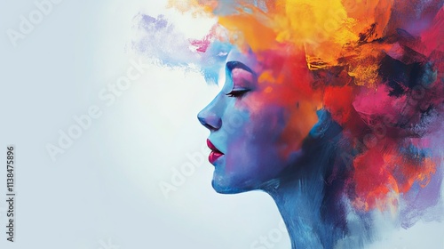 Wallpaper Mural Portrait of a woman with a vibrant, colorful abstract hairstyle against a soft blue background capturing creativity and imagination Torontodigital.ca