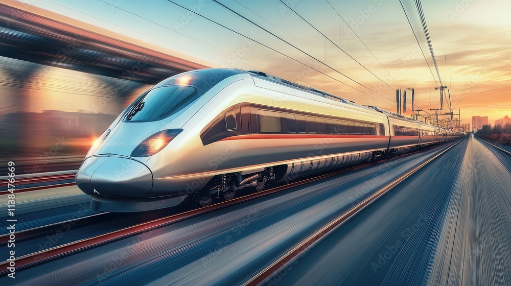 A futuristic high-speed train concept with a seamless, metallic design, speeding through a landscape of advanced technology and sustainable infrastructure A futuristic high-speed train concept with a seamless, metallic design, speeding through a landscape of advanced technology and sustainable infrastructure