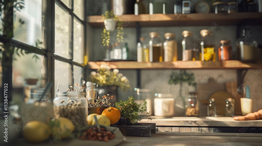 Modern kitchen counter with jars, fruits, and herbs Modern kitchen counter with jars, fruits, and herbs