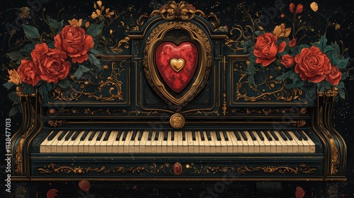 An Extravagant Antique Piano with Ornate Floral Decorations and a Central Heart Motif Evoking Elegance and Artistic Craftsmanship