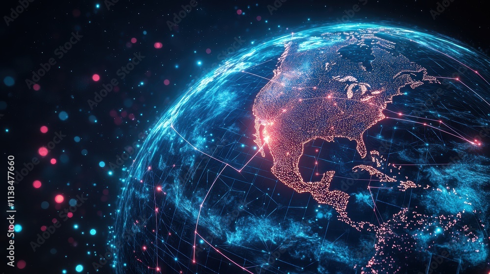 The image depicts a digital representation of Earth, showcasing a futuristic and high-tech aesthetic. illuminated with a network of glowing blue lines and dots, symbolizing data connections The image depicts a digital representation of Earth, showcasing a futuristic and high-tech aesthetic. illuminated with a network of glowing blue lines and dots, symbolizing data connections
