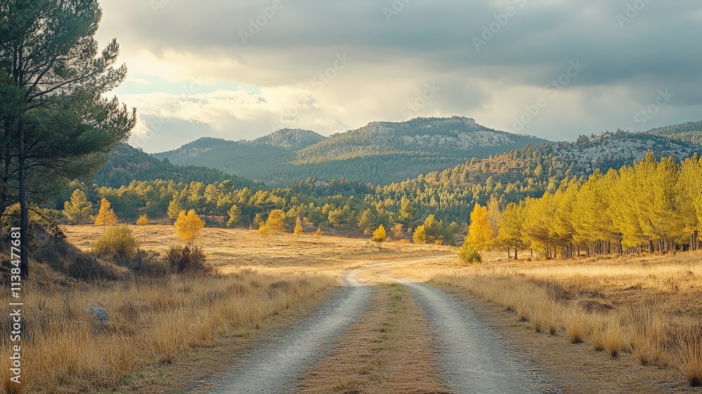 A landscape of northern spain in autumn with a dirt road and a leafy forest A landscape of northern spain in autumn with a dirt road and a leafy forest