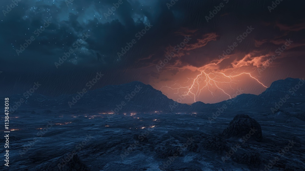 Naklejka premium Dramatic Night Sky with Intense Lightning Strikes Over a Rugged Landscape Illuminated by Stormy Clouds and Eerie Glows in the Distant Horizon