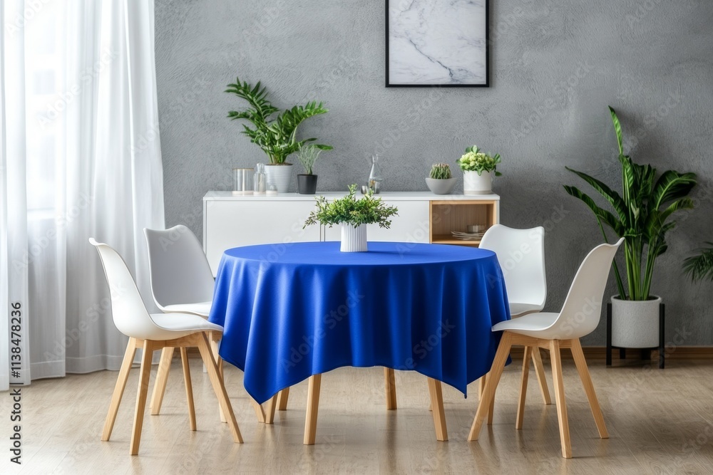 Fototapeta premium Modern Dining Room with Blue Tablecloth and White Chairs