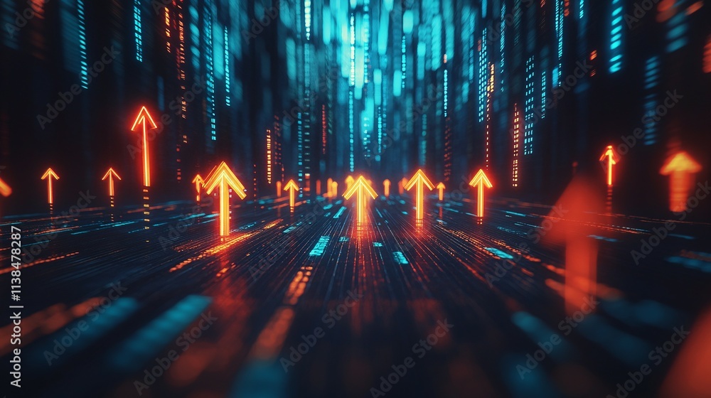 Neon Arrows Rising Through Digital Data Streams Neon Arrows Rising Through Digital Data Streams