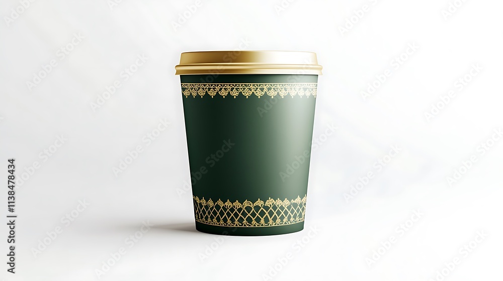 A blank green and gold takeaway coffee cup design with seamless edges, isolated on a crisp white background for mockup use. A blank green and gold takeaway coffee cup design with seamless edges, isolated on a crisp white background for mockup use.