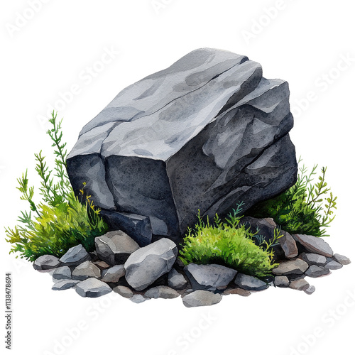 A Majestic Boulder Surrounded by Lush Greenery and Pebbles in a Natural Setting