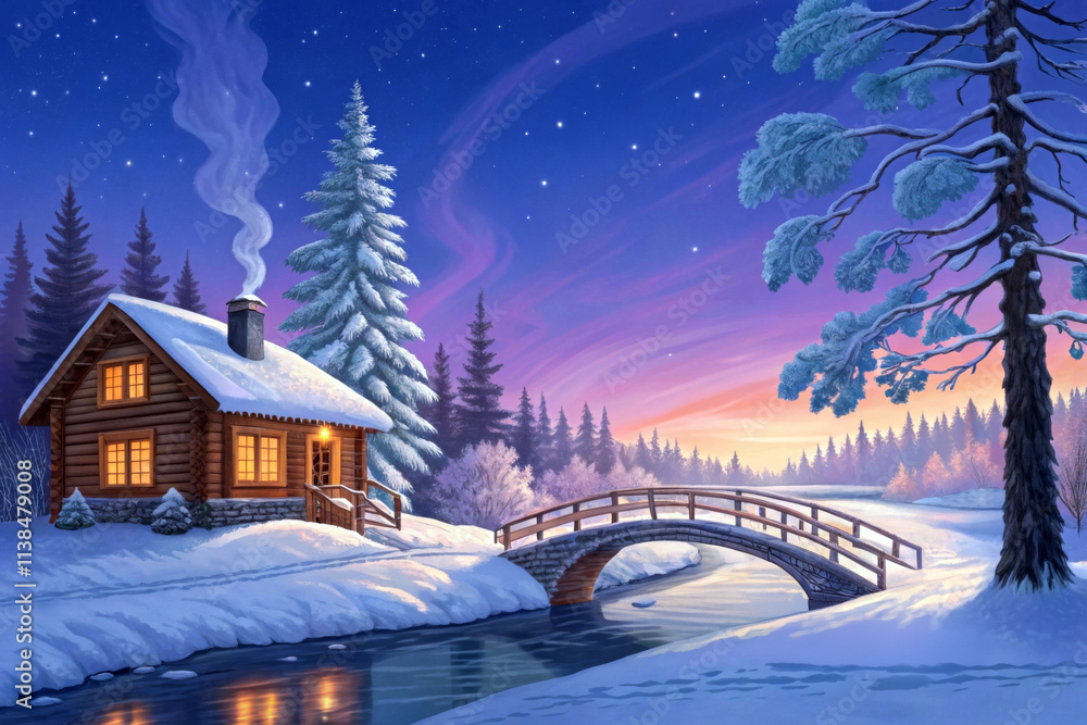 Fototapeta premium A cozy cabin emits smoke from its chimney, nestled in a snowy landscape beneath a starry sky. A tranquil river flows under a wooden bridge, surrounded by frosted trees.AI generated.