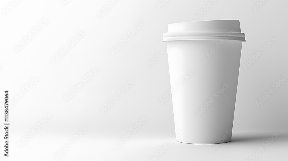 A blank solid white medium takeaway coffee cup mockup with a closed lid isolated on a white background, side view, perfect for branding design presentations. A blank solid white medium takeaway coffee cup mockup with a closed lid isolated on a white background, side view, perfect for branding design presentations.