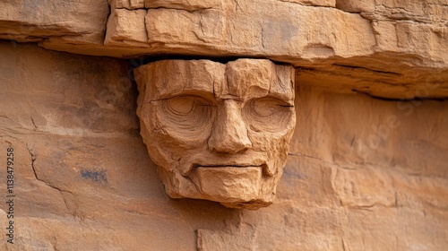 Ancient Stone Face in Mada'in Saleh: Close-up view of a weathered, enigmatic rock carving resembling a human face, set into a sandstone cliff face in Mada'in Saleh, Saudi Arabia. photo