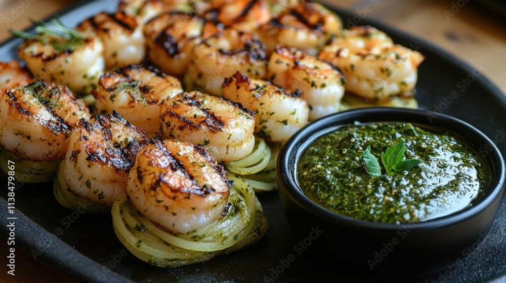 Grilled shrimp skewers served with pesto sauce on a black platter. Grilled shrimp skewers served with pesto sauce on a black platter.