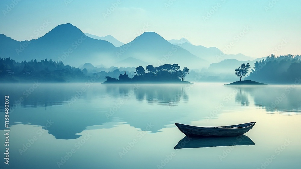 Serene misty lake with a lone boat and mountain reflection. Serene misty lake with a lone boat and mountain reflection.