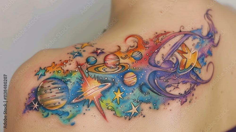 Naklejka premium Colorful watercolor galaxy tattoo on woman's shoulder.