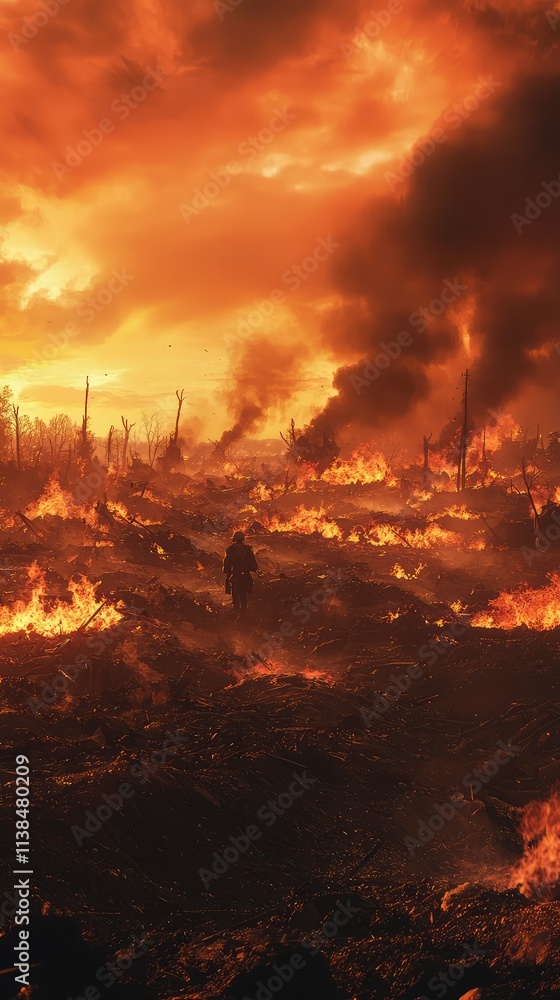 Dramatic Scene of a Fiery Landscape with a Silhouette of a Person Amongst Billowing Smoke and Flames at Sunset in a Burnt Forest Area Dramatic Scene of a Fiery Landscape with a Silhouette of a Person Amongst Billowing Smoke and Flames at Sunset in a Burnt Forest Area