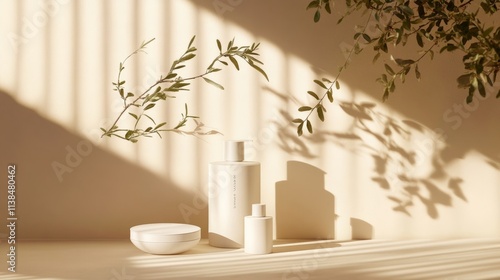 Wallpaper Mural Elegant white bottles and a dish with shadow and sunlight create calming beauty on a soft beige background in a serene setting. Torontodigital.ca