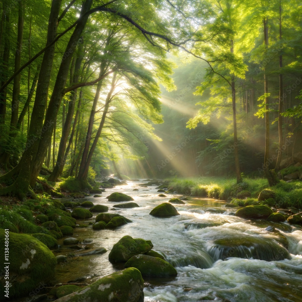 Fototapeta premium A stream of water flows through a forest. The water is clear and the sun is shining on it