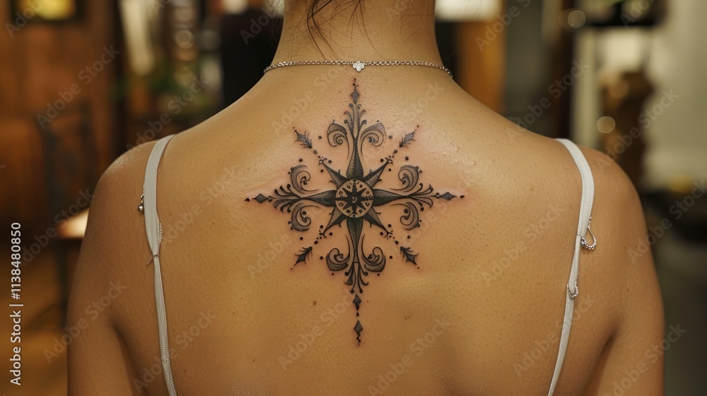 Obraz premium Ornate compass tattoo on woman's back.