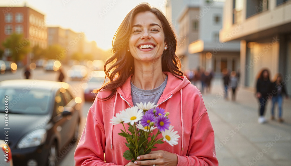 Fototapeta premium Women wearing pink. Woman in pink hoodie holding bouquet of flowers in urban evening light