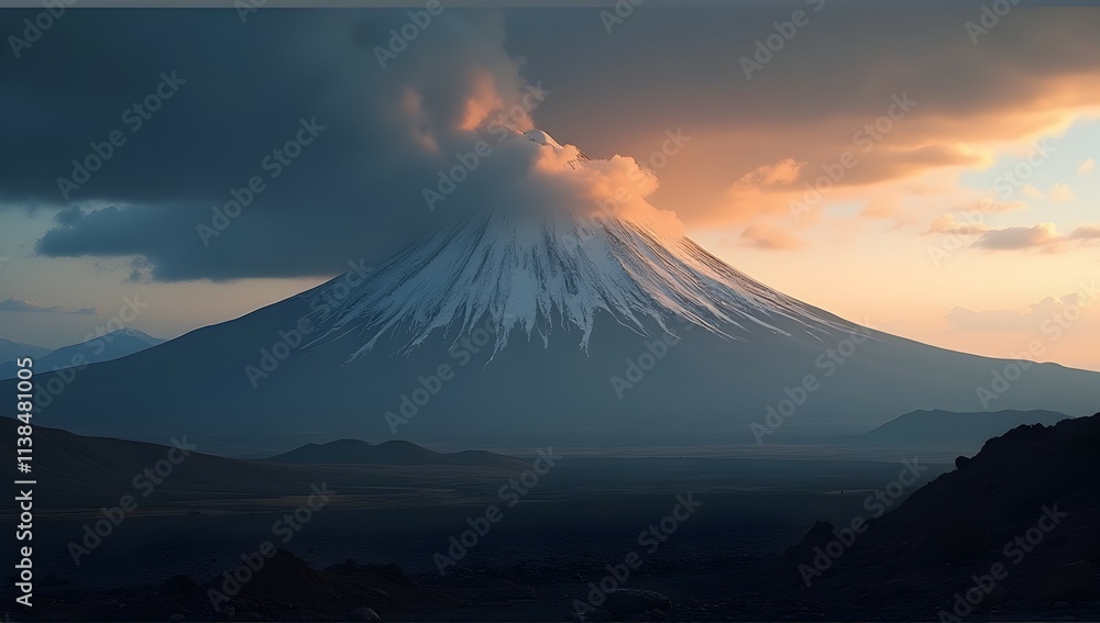 Fototapeta premium A snow-capped volcano at sunset, shrouded in dramatic clouds. The golden light paints the sky, creating a breathtaking scene of serene power.