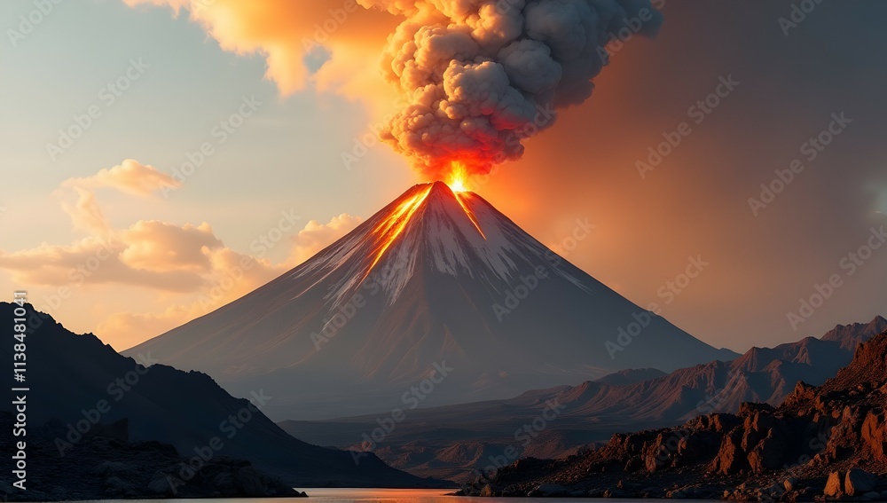 Fiery Volcano Erupts at Sunset, casting an orange glow across the dramatic landscape. Smoke billows into the sky, creating a breathtaking scene. Fiery Volcano Erupts at Sunset, casting an orange glow across the dramatic landscape. Smoke billows into the sky, creating a breathtaking scene.