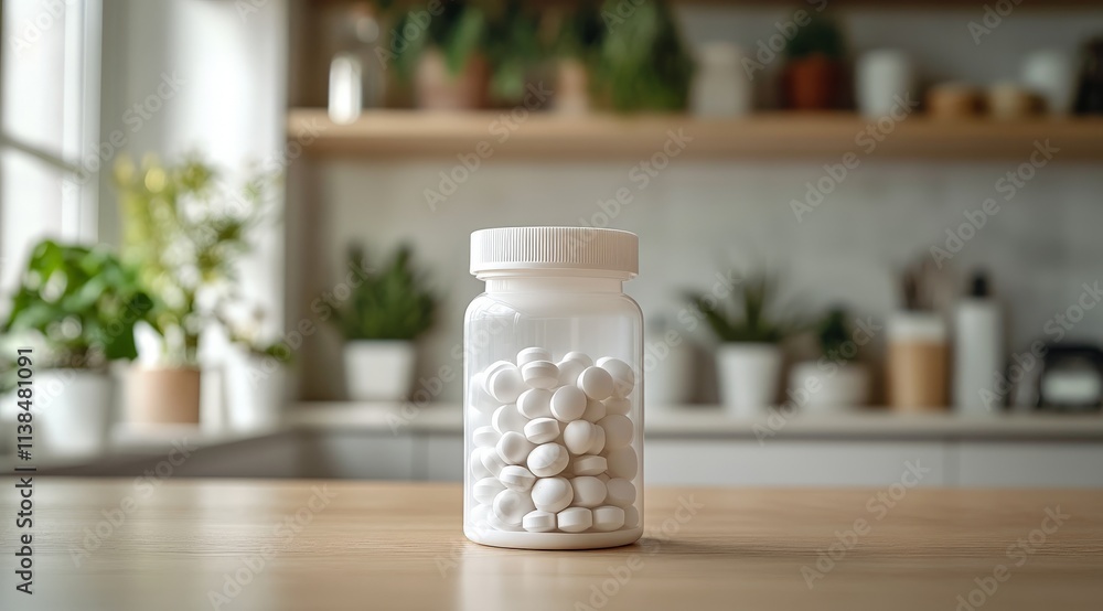 White plastic bottle with pills on a kitchen table, close-up. White supplement jar mock-up on a blurred background of a modern white interior in a home White plastic bottle with pills on a kitchen table, close-up. White supplement jar mock-up on a blurred background of a modern white interior in a home