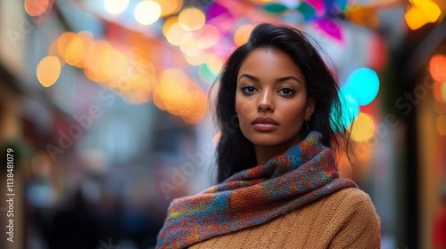 Wallpaper Mural A young woman stands confidently in a colorful street with bright lights and a warm scarf. The festive vibe surrounds her. Torontodigital.ca