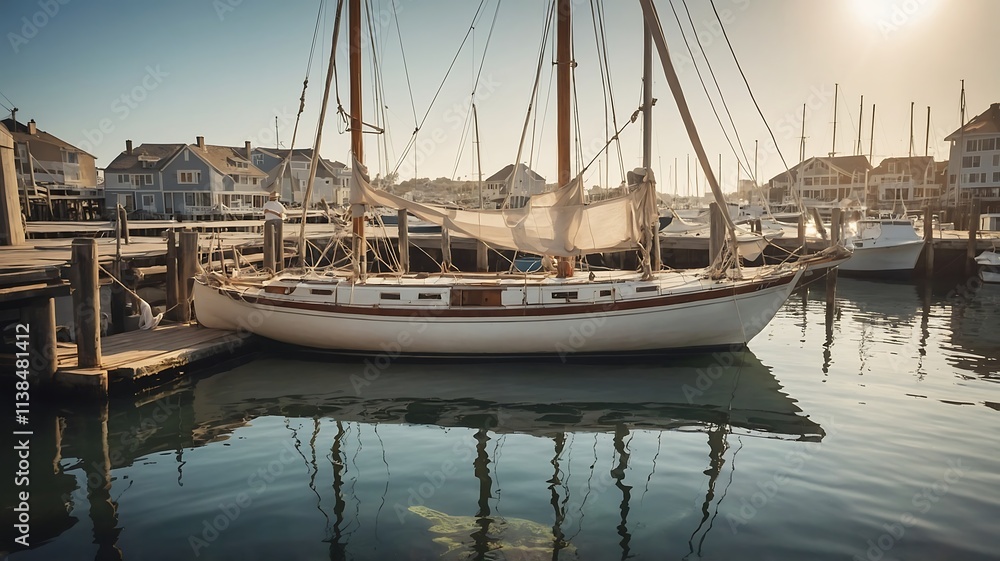 Serene Sunset at the Marina: A Classic Sailboat Docked at Harbor Serene Sunset at the Marina: A Classic Sailboat Docked at Harbor