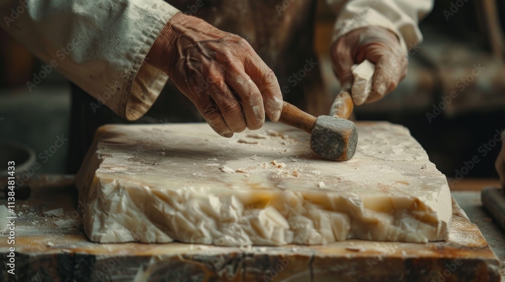 Close-up of hands sculpting stone with hammer and chisel. Close-up of hands sculpting stone with hammer and chisel.