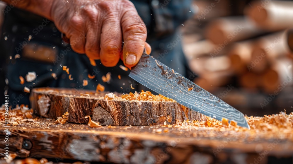 Close-up of hands carving wood with a knife, wood shavings flying. Close-up of hands carving wood with a knife, wood shavings flying.