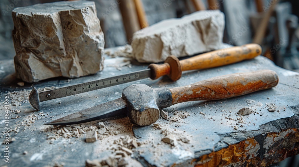 Stone carving tools and rough stone blocks on workbench. Stone carving tools and rough stone blocks on workbench.