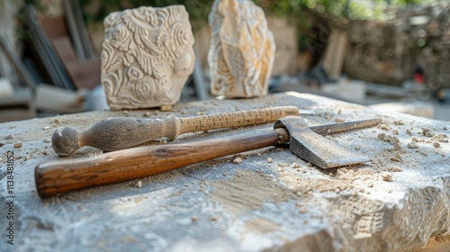Stone carving tools and unfinished sculptures on workbench.