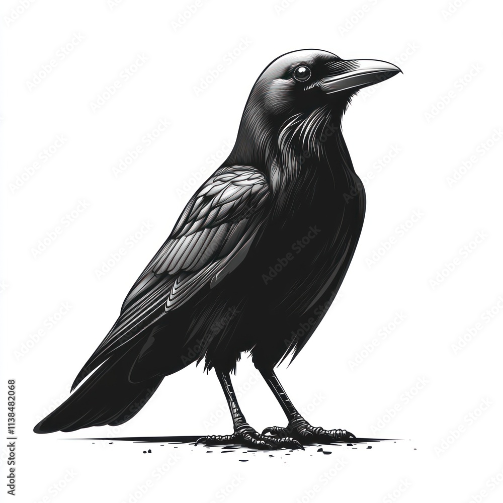 Fototapeta premium A majestic raven, rendered in monochrome, stands on a white background.