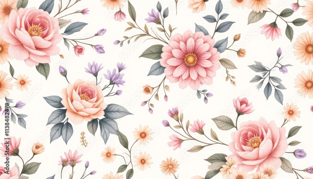 Detailed Floral Pattern with Roses, Daisies, and Peonies in Pastel Colors Detailed Floral Pattern with Roses, Daisies, and Peonies in Pastel Colors