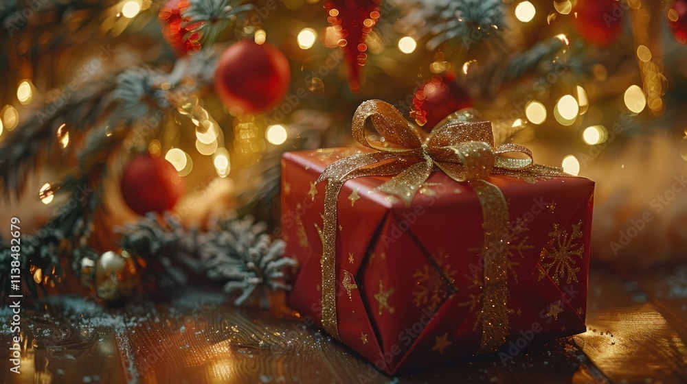 Red gift under Christmas tree with lights. Red gift under Christmas tree with lights.