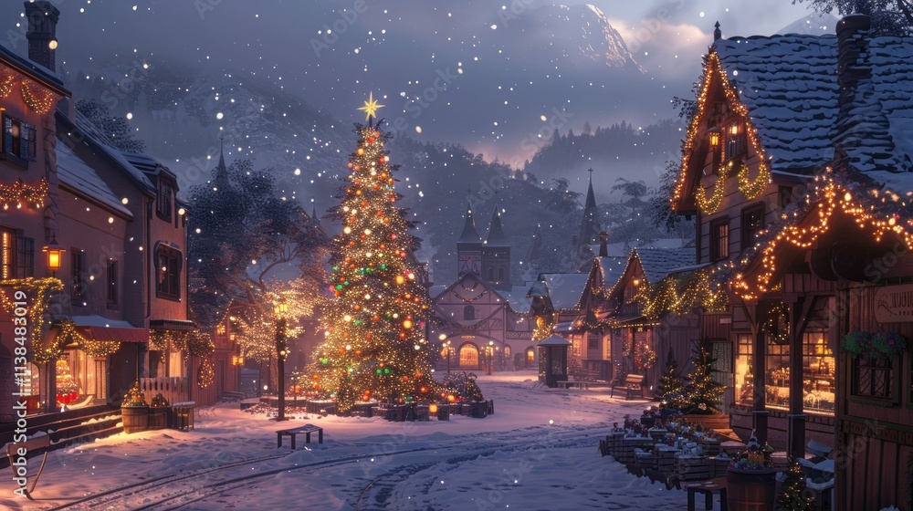 Snowy village square with Christmas tree at night. Snowy village square with Christmas tree at night.