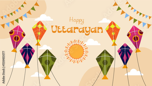 Colorful kites soaring in the sky with Happy Uttarayan written in a festive font A bright yellow sun symbolizes the winter solstice while colorful flags enhance the festive mood 